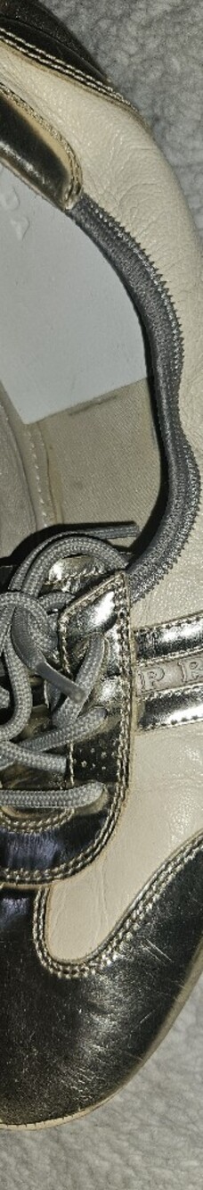Prada Metallic Silver and Cream Lace-Up Sneakers - Picture 3 of 4